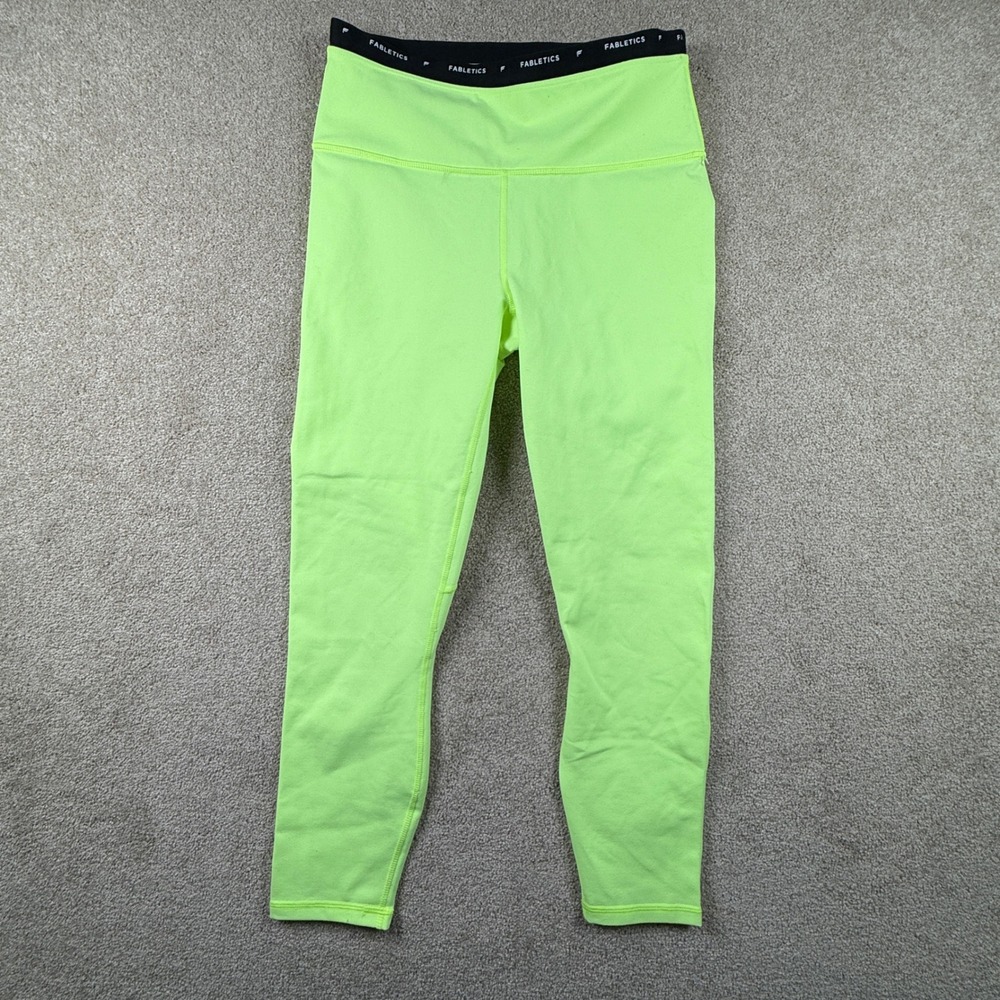 Fabletics Neon Lime Green High Waisted Logo Waistband Leggings 7/8 Length Small